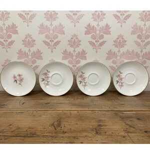 Edwin M Knowles Semi-Vitreous Pink Floral Dishes, 3 Saucers & 1 Bread Plate